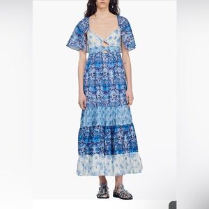 NWT! Retail $640 Sandro Short Sleeve Tiered Linen Blend Maxi Dress Size 40